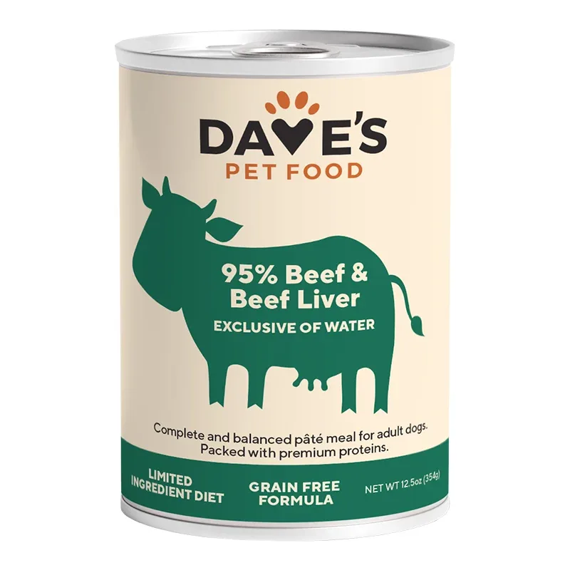 Dave's Pet Wet Dog Food Dog 95% Premium Meats Beef And Beef Liver, 12.5 oz each, Case of 12
