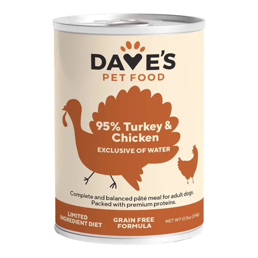 Dave's Pet Wet Dog Food Dog 95% Premium Turkey & Chicken, 12.5 oz each, Case of 12