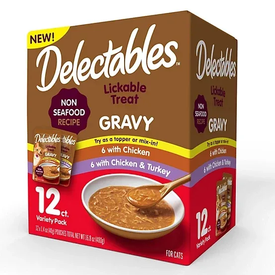 Delectables Gravy Non-Seafood Recipe Variety Pack Lickable Cat Treat and Topper, 12 ct.