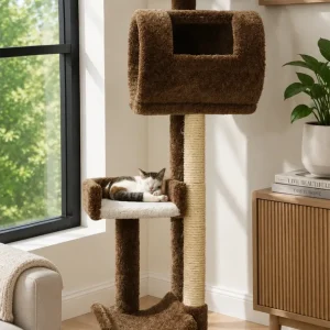 Deluxe Cat Tower for Large Cats – 69″ Multi-Level Solid-Wood Cat Tree with Carpet & Natural Sisal Rope Posts