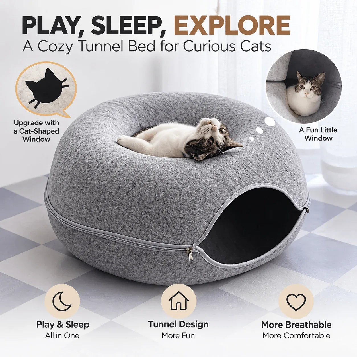 Donut Cat Tunnel Bed – 2-in-1 Felt Cat Cave & Lounge - Image 2