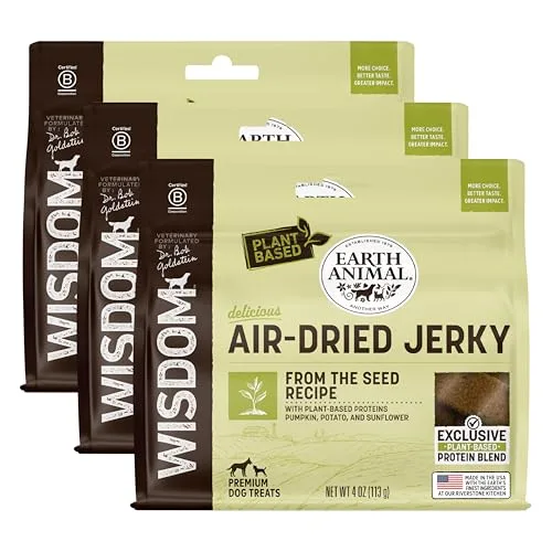 Earth Animal Wisdom Air-Dried Jerky from The Seed Recipe | Dog Treats | Dog Snacks | Premium Natural Plant-Based Jerky Strips | 4 oz |Made in The USA (Pack of 3)