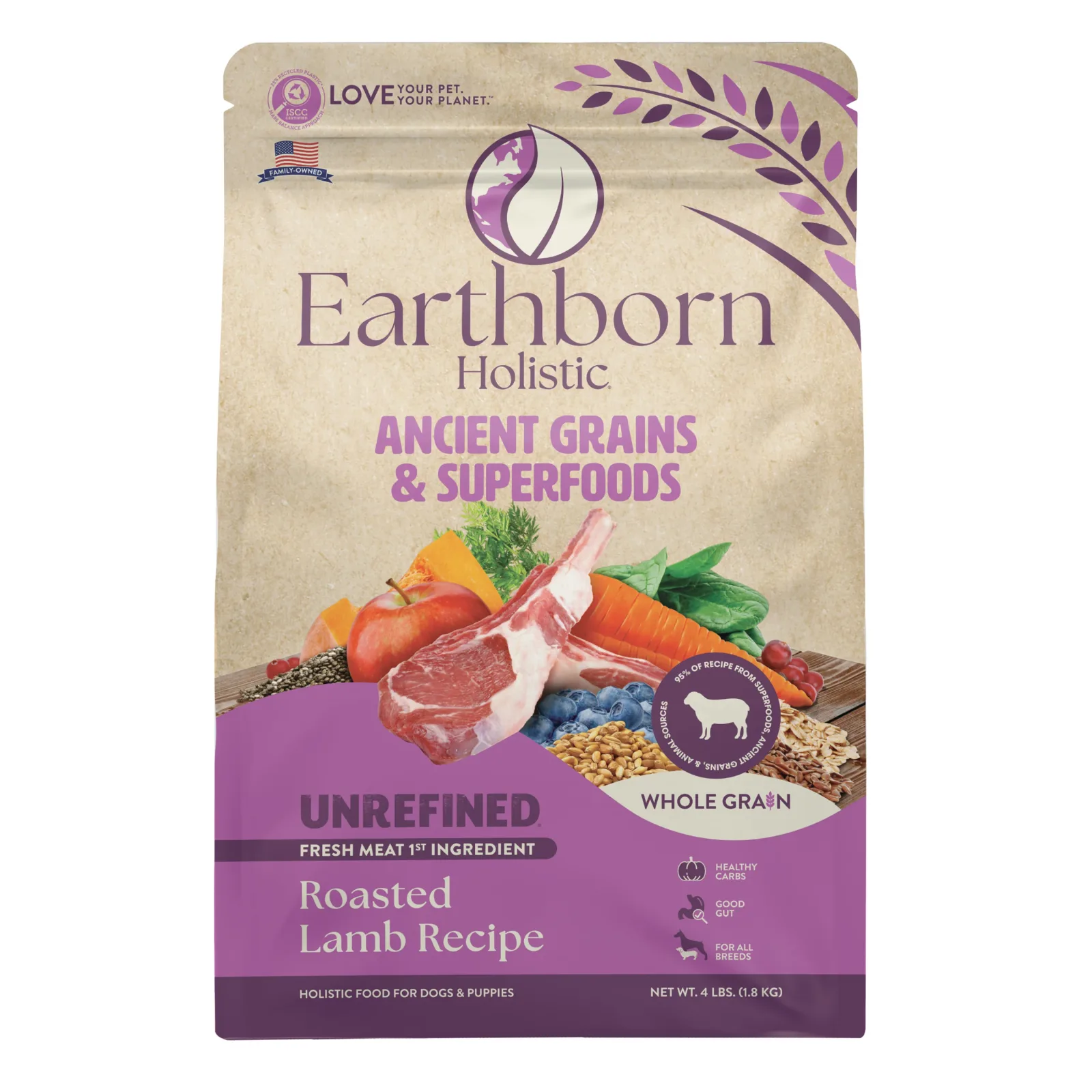Earthborn Holistic Unrefined Ancient Grains & Superfoods Dry Dog Food Roasted Lamb 4 lb