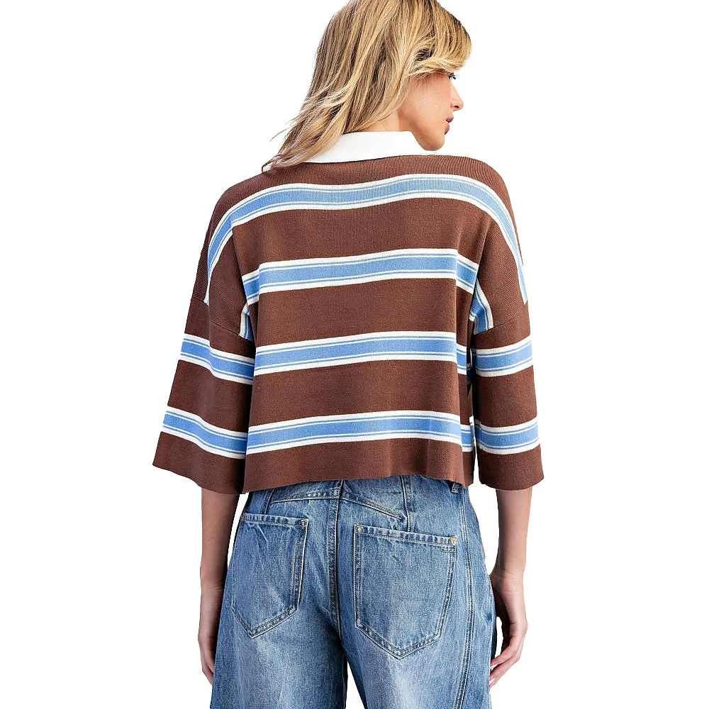 Ee Some Women's Cloud Cocoa Striped Half Sleeve Knit Polo - Image 2