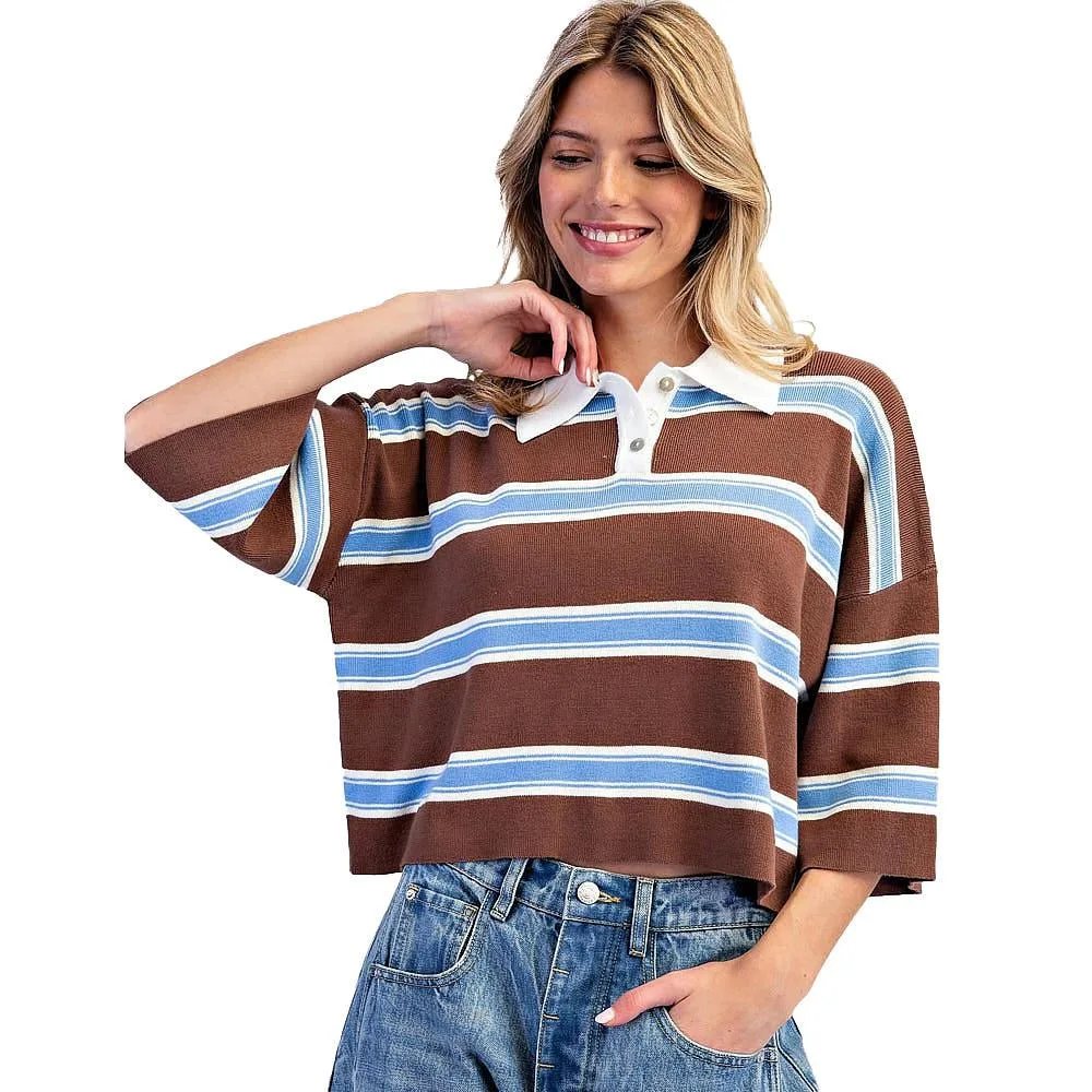 Ee Some Women's Cloud Cocoa Striped Half Sleeve Knit Polo
