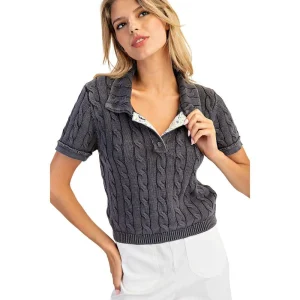 Ee Some Women's Ink Cable Knit Contrast Floral Lined Polo Top