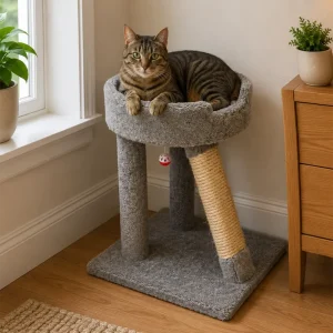 Elevated Cat Perch with Round Bed & Sisal Post | Compact Solid Wood Design