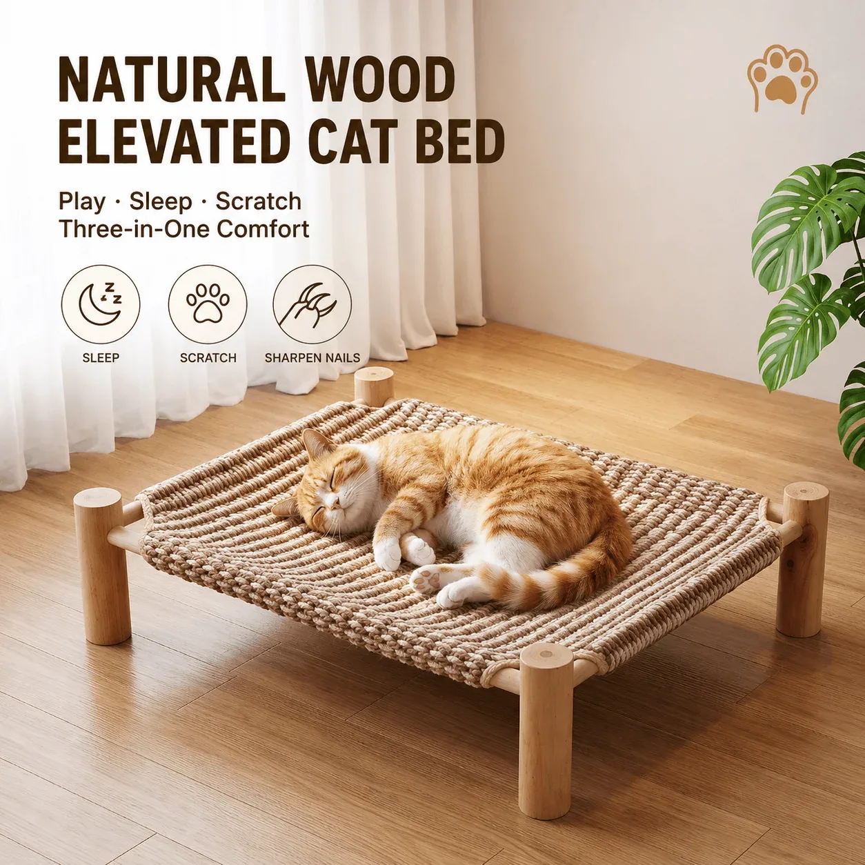 Elevated Cat Scratching Bed – Solid Wood Frame with Sisal-Style Woven Fabric - Image 2