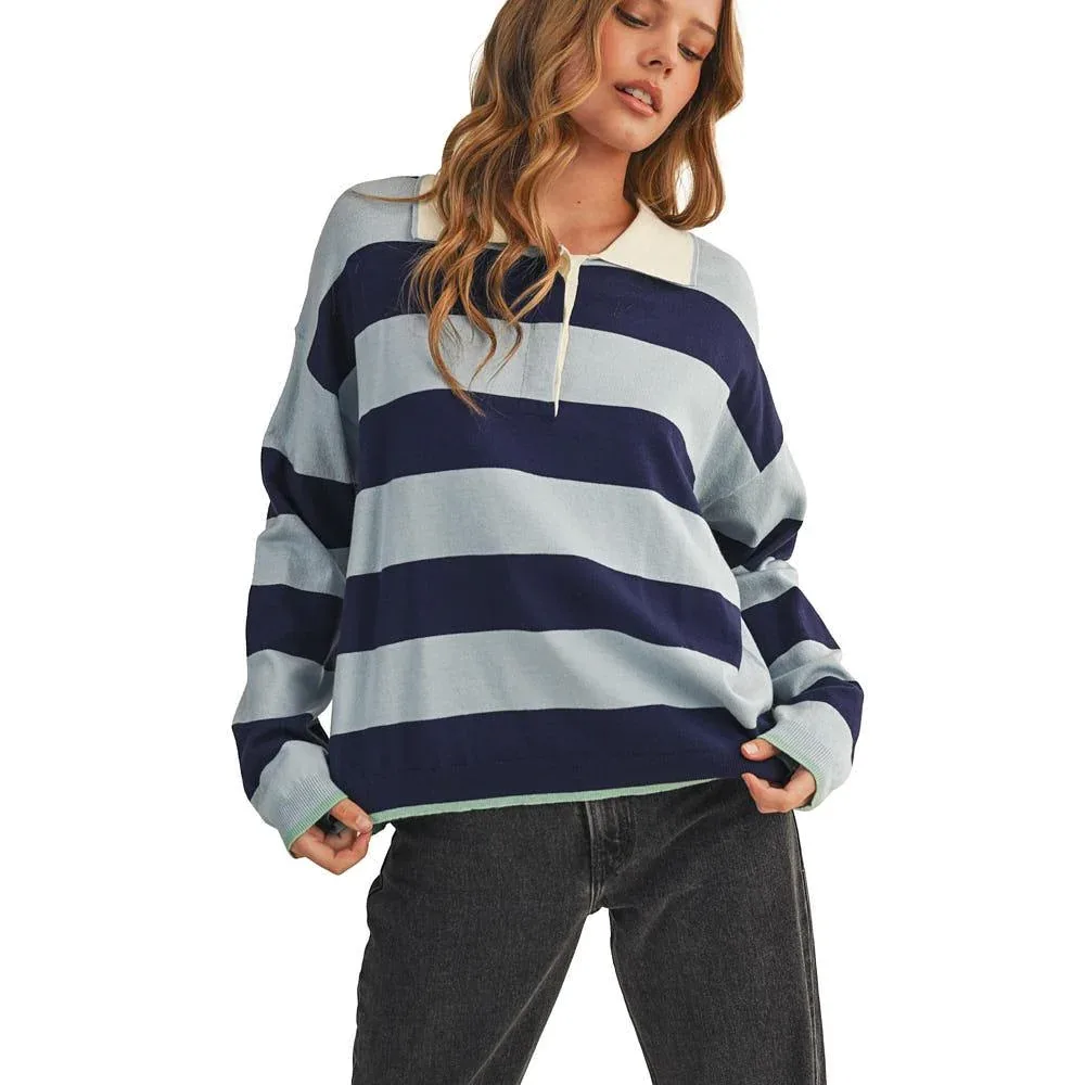 En Merci Wom Blue Navy Striped Rugby Sweater