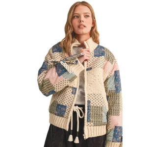 En Merci Wom Teal Blue Multi Mixed Media Patch Jacket
