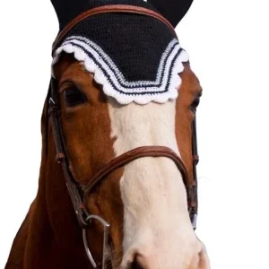 Equine Couture Fly Bonnet wSlv Lurex Cob Blk/Wht