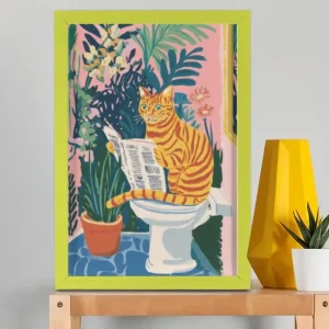 EverythingBoho The News Hungry Cat Wall Art (Bottle Green)