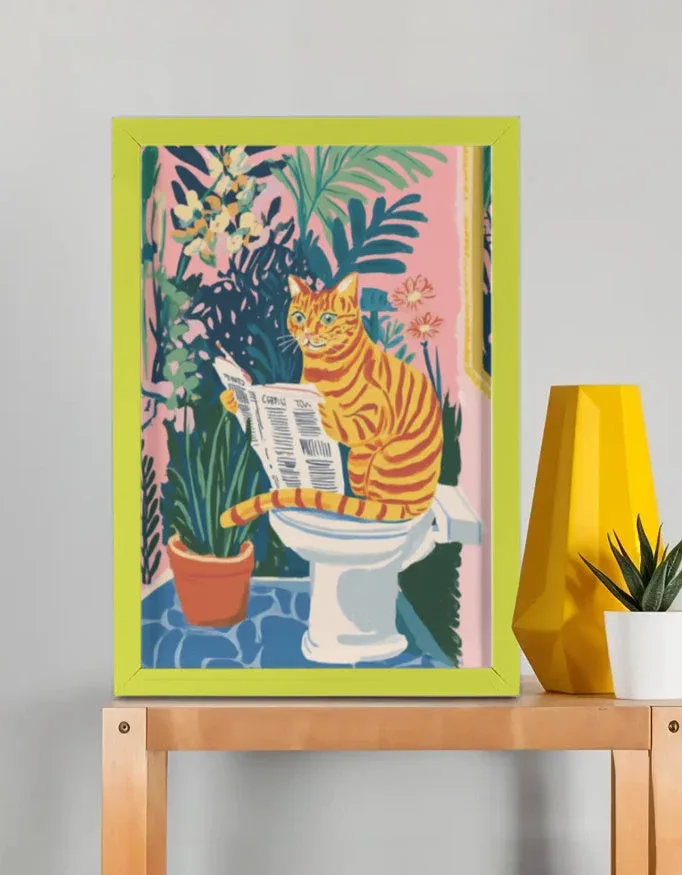 EverythingBoho The News Hungry Cat Wall Art (Bottle Green)