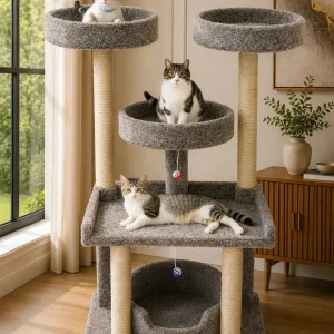 Extra Large Gray Cat Tree Tower – 55″ Tall with Wide Perches & Sisal Posts