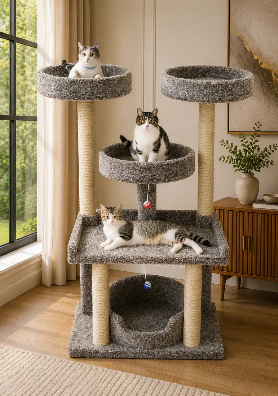 Extra Large Gray Cat Tree Tower – 55″ Tall with Wide Perches & Sisal Posts