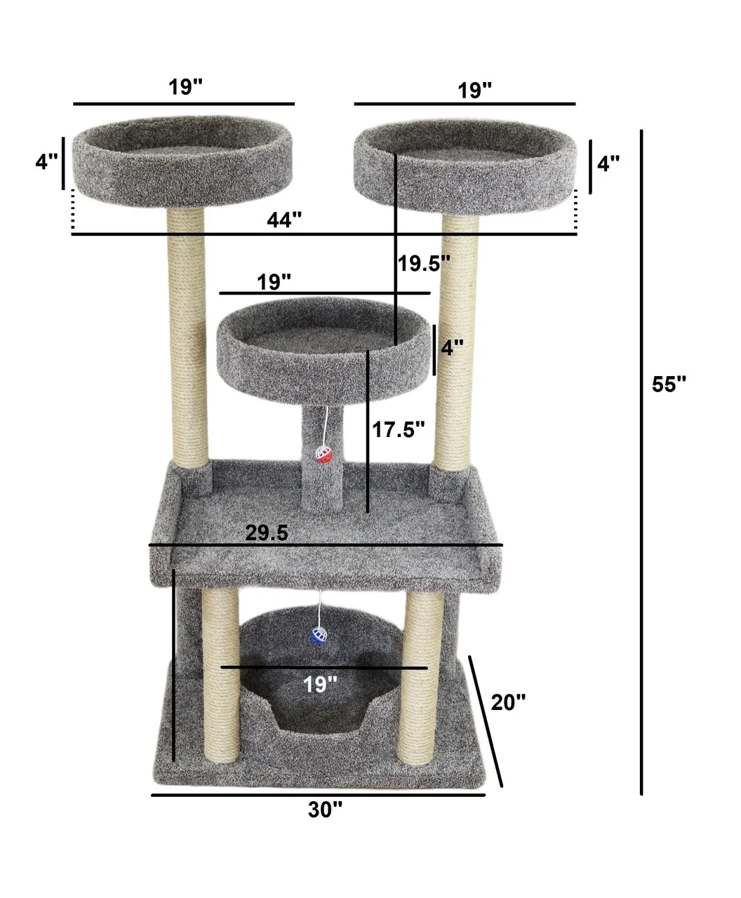 Extra Large Gray Cat Tree Tower – 55″ Tall with Wide Perches & Sisal Posts - Image 2