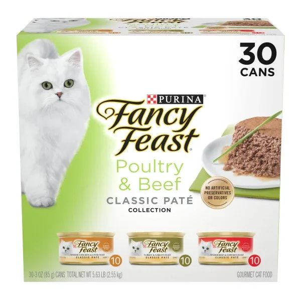Fancy Feast Poultry and Beef Feast Classic Pate Collection Grain Free Wet Cat Food Variety Pack - (30) 3 oz. Cans