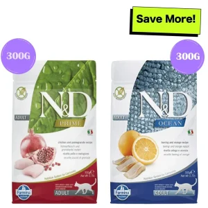 Farmina N&D Prime Chicken & Pomegranate and Ocean Herring & Orange Grain Free Adult Cat Dry Food Combo