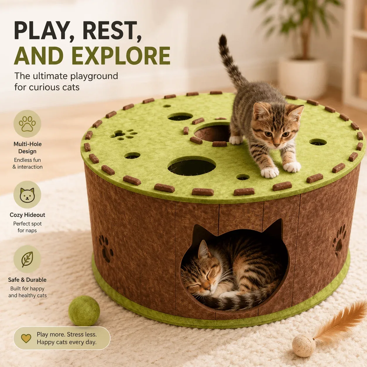 Felt Cat Tunnel & Hideaway – 2-in-1 Interactive Playhouse & Cozy Bed - Image 2
