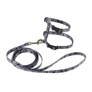 Figure "H" Fashion Adjustable Cat Harness and Leash Combo, Black Skulls, Small - 3/8" x 10"-18"