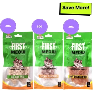 First Meow Salmon Dice, Chicken Sandwich and Soft Chicken Strip Cat Treat Combo