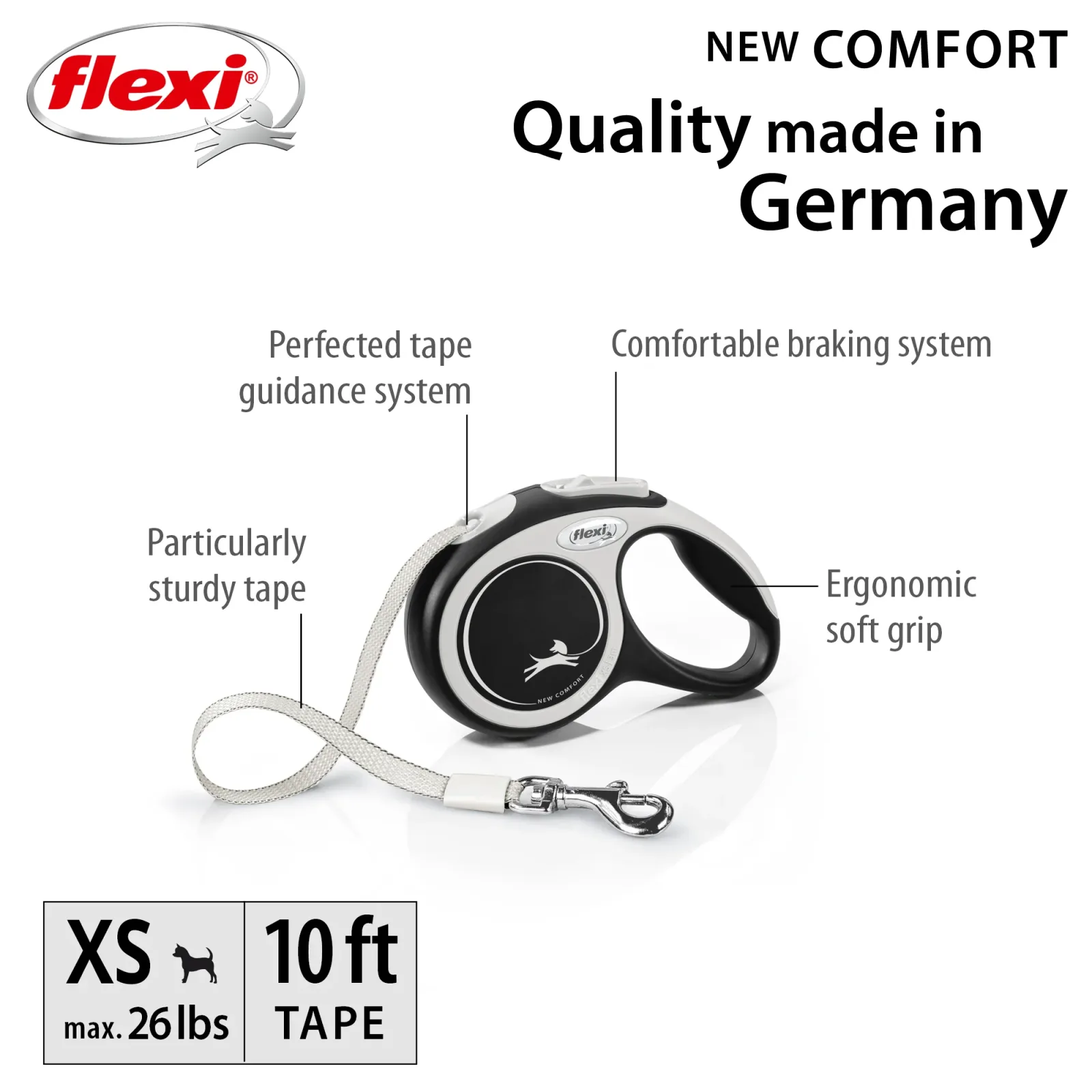 Flexi Comfort 10ft Tape Dog and Cat Leash in Black Grey XSM up to 26lbs - Image 2