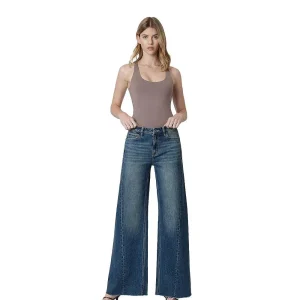 Flying Monkey Women's Beautify High Rise Side Seam Dark Wide Leg