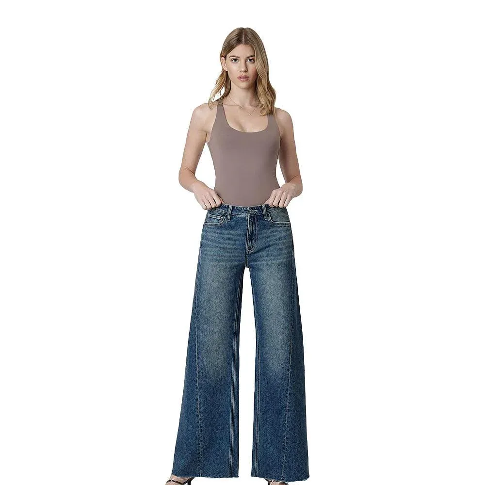 Flying Monkey Women's Beautify High Rise Side Seam Dark Wide Leg