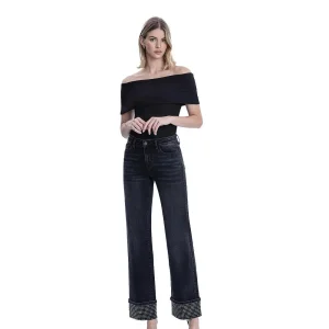 Flying Monkey Women's Black Mid Rise Rhinestone Cuffed Slim Wide Jean