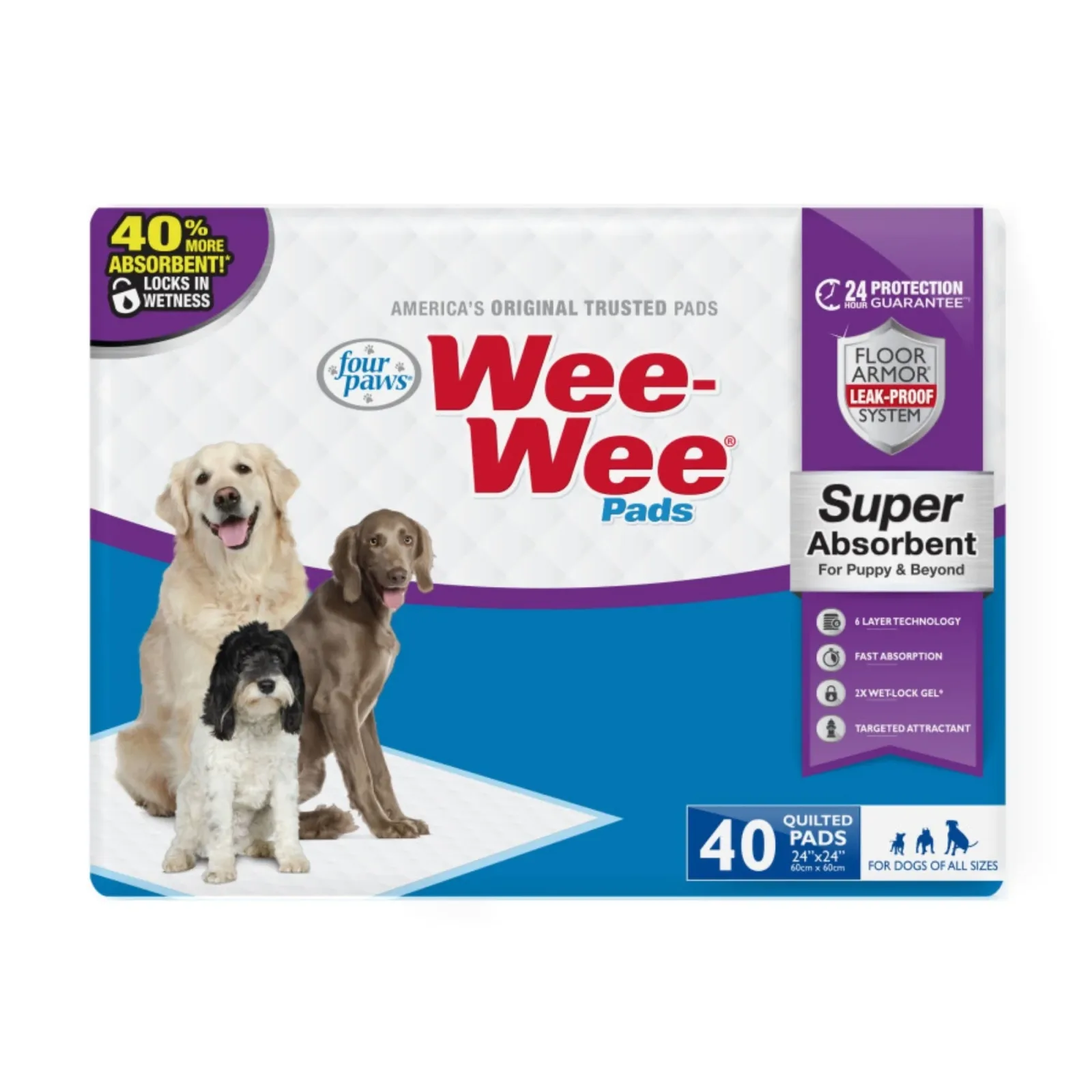 Four Paws WeeWee Super Absorbent Pads for Dogs, 24 in x 24 in 40 ct