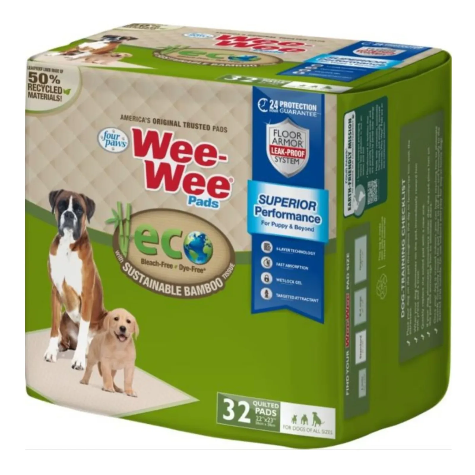 Four Paws WeeWee Superior Performance Eco Bamboo Dog Pee Pads, 22 in x 23 in, 32-Count