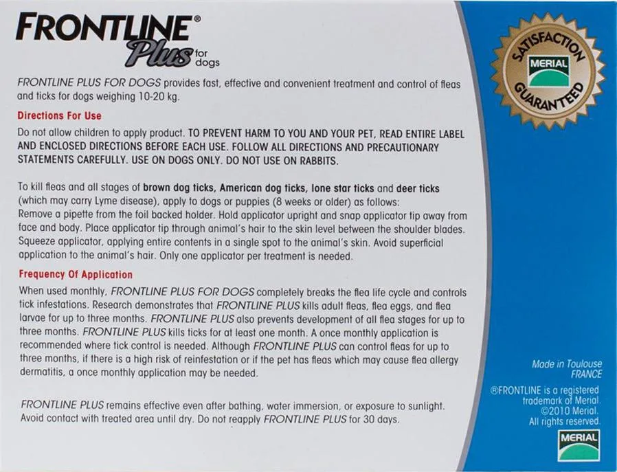 Frontline Plus for Dogs 22-44lbs (10-20 kg) - 12 Pipettes - Image 2