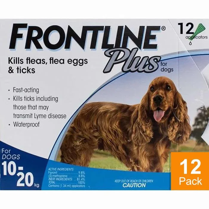 Frontline Plus for Dogs 22-44lbs (10-20 kg) - 12 Pipettes