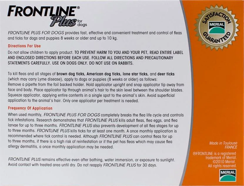 Frontline Plus for Dogs Under 22lbs (10kg) - 6 Pipettes - Image 2