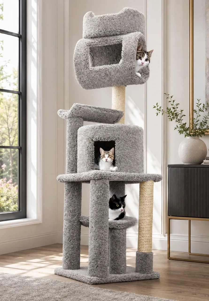Fully Assembled Cat Tower with Condo – Solid Wood Multi-Level Cat Tree