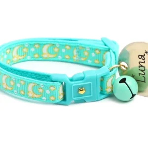 Gold Moons and Stars on Aqua V2 Cat Collar