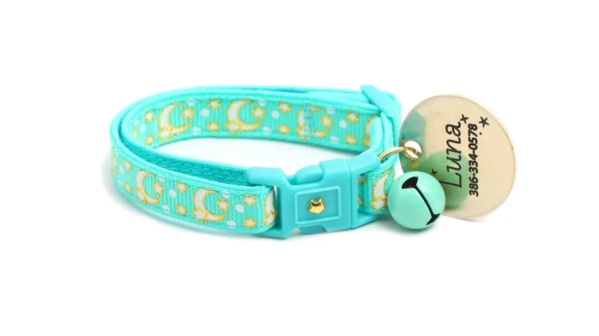 Gold Moons and Stars on Aqua V2 Cat Collar