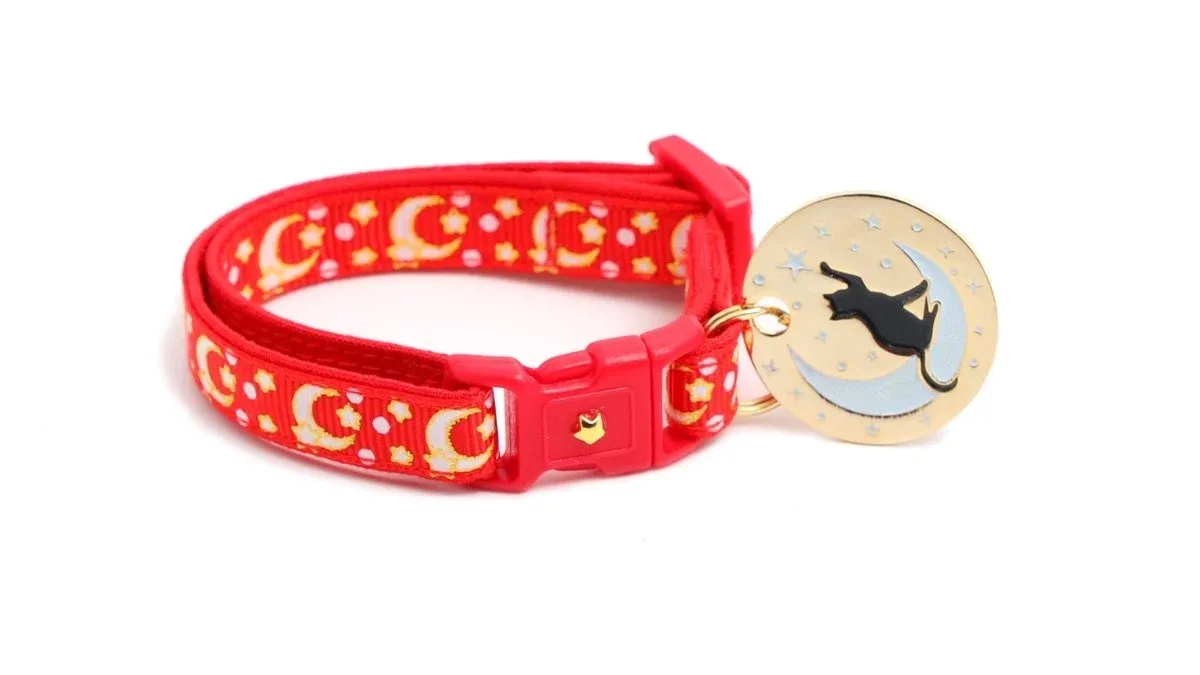 Gold Moons and Stars on Bright Red Cat Collar