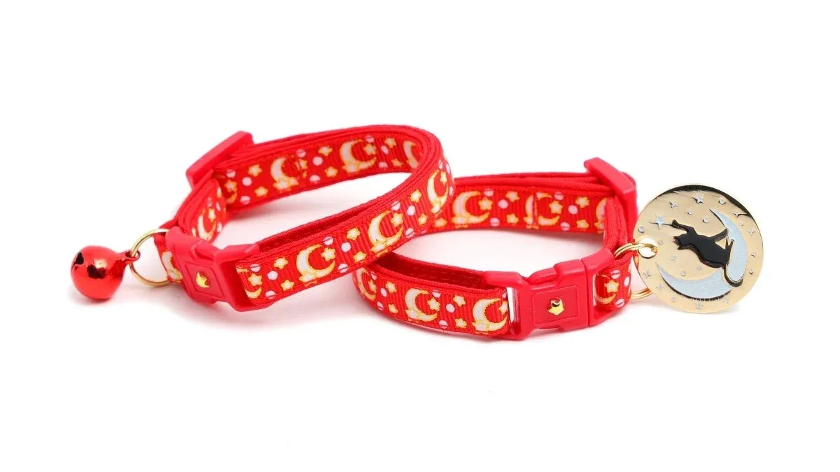 Gold Moons and Stars on Bright Red Cat Collar - Image 2