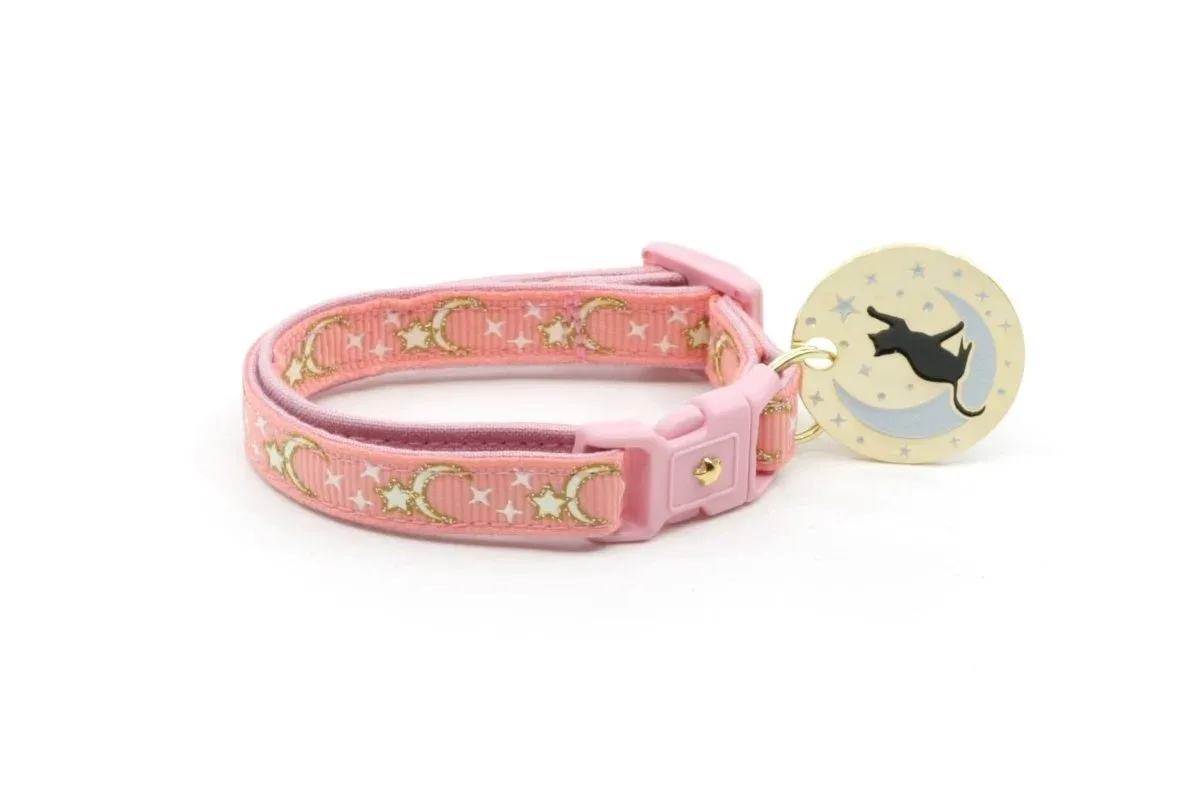 Gold Moons and Stars on Coral Pink Cat Collar