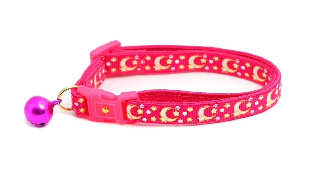 Gold Moons and Stars on Hot Pink Cat Collar - Image 2