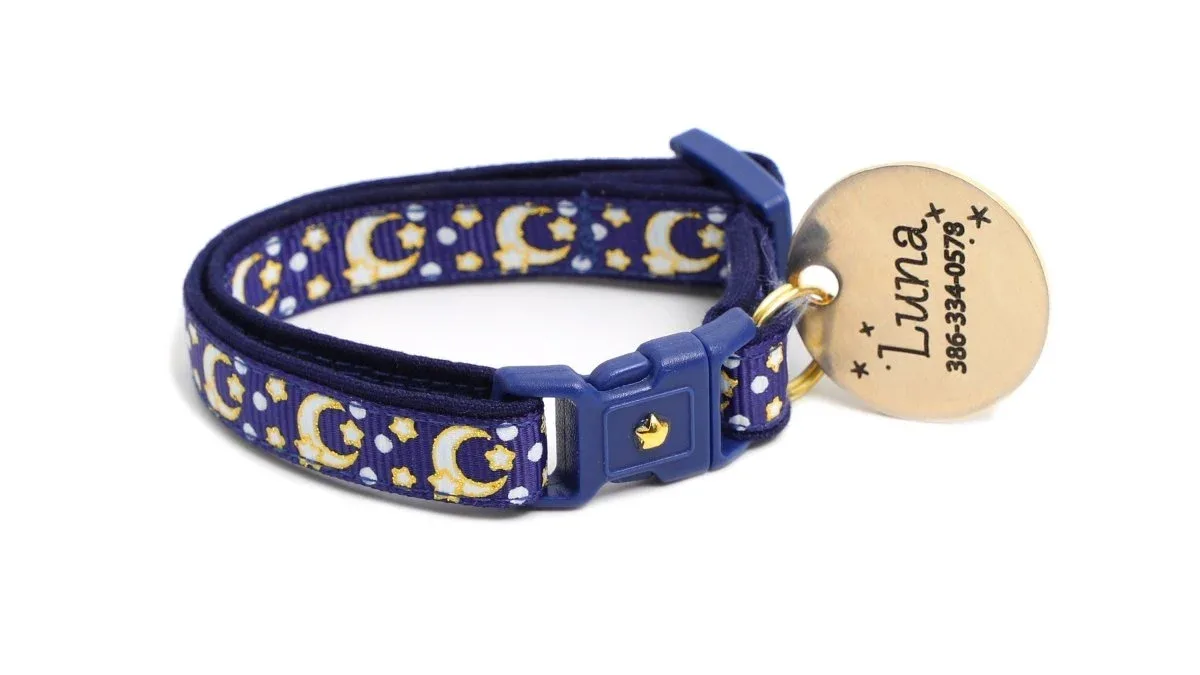 Gold Moons and Stars on Navy Blue Cat Collar