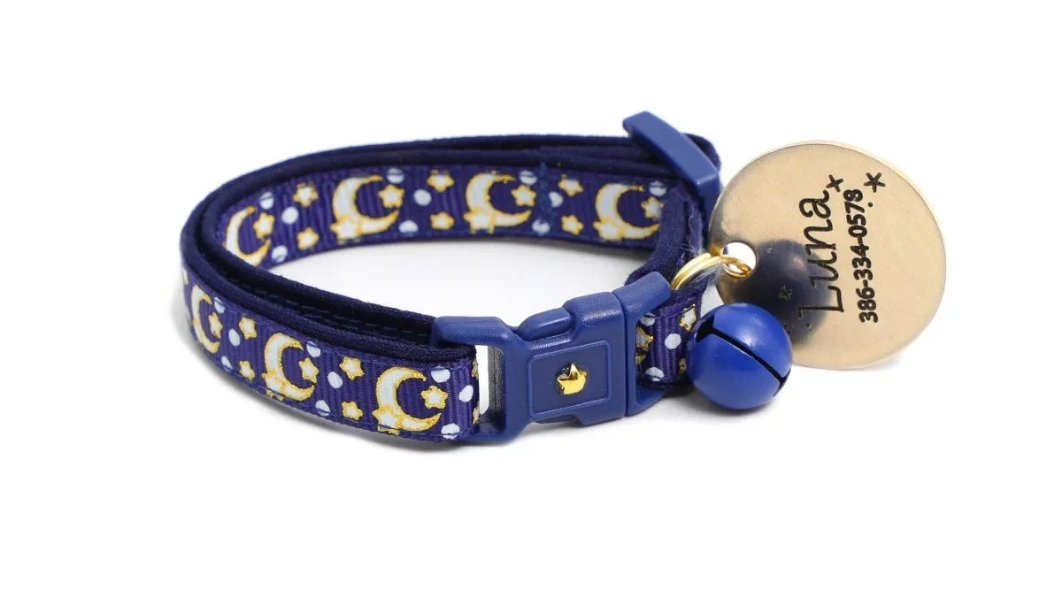Gold Moons and Stars on Navy Blue Cat Collar - Image 2