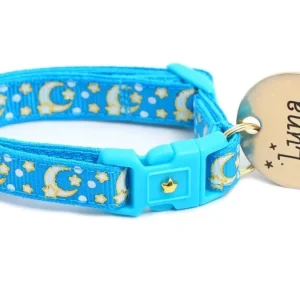 Gold Moons and Stars on Peacock Blue Cat Collar