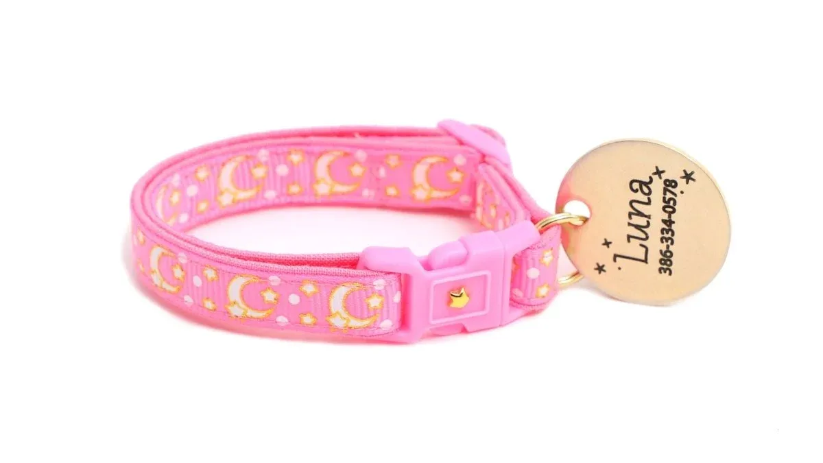Gold Moons and Stars on Peony Pink Cat Collar - Image 2