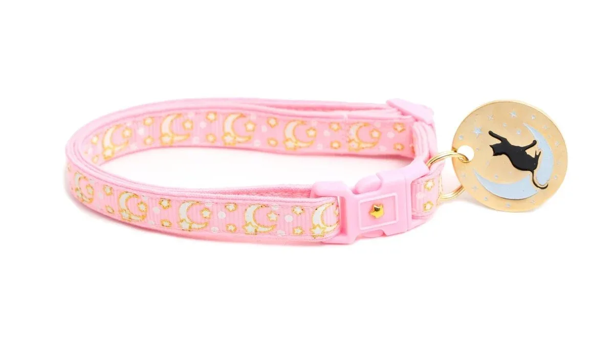 Gold Moons and Stars on Powder Pink Cat Collar - Image 2