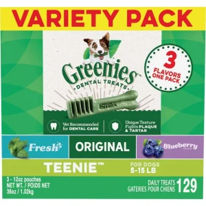 Greenies 3Flavor Variety Pack Dog Dental Dog Treat Teenie, 36 oz, 129 ct