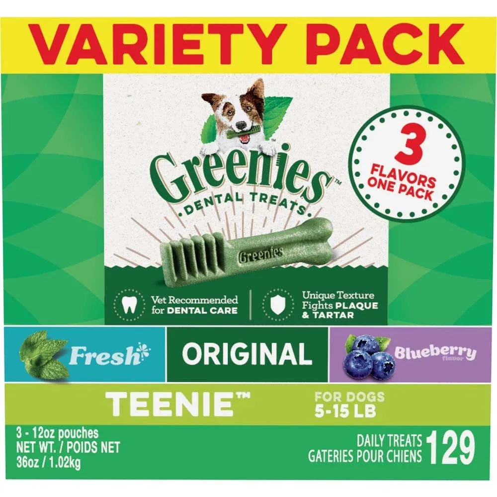 Greenies 3Flavor Variety Pack Dog Dental Dog Treat Teenie, 36 oz, 129 ct