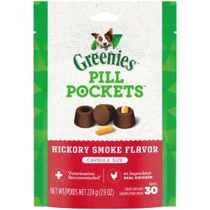 GREENIES PILL POCKETS for Dogs Capsule Size Natural Soft Dog Treats, Hickory Smoke Flavor, 7.9 oz. Pack (30 Treats)