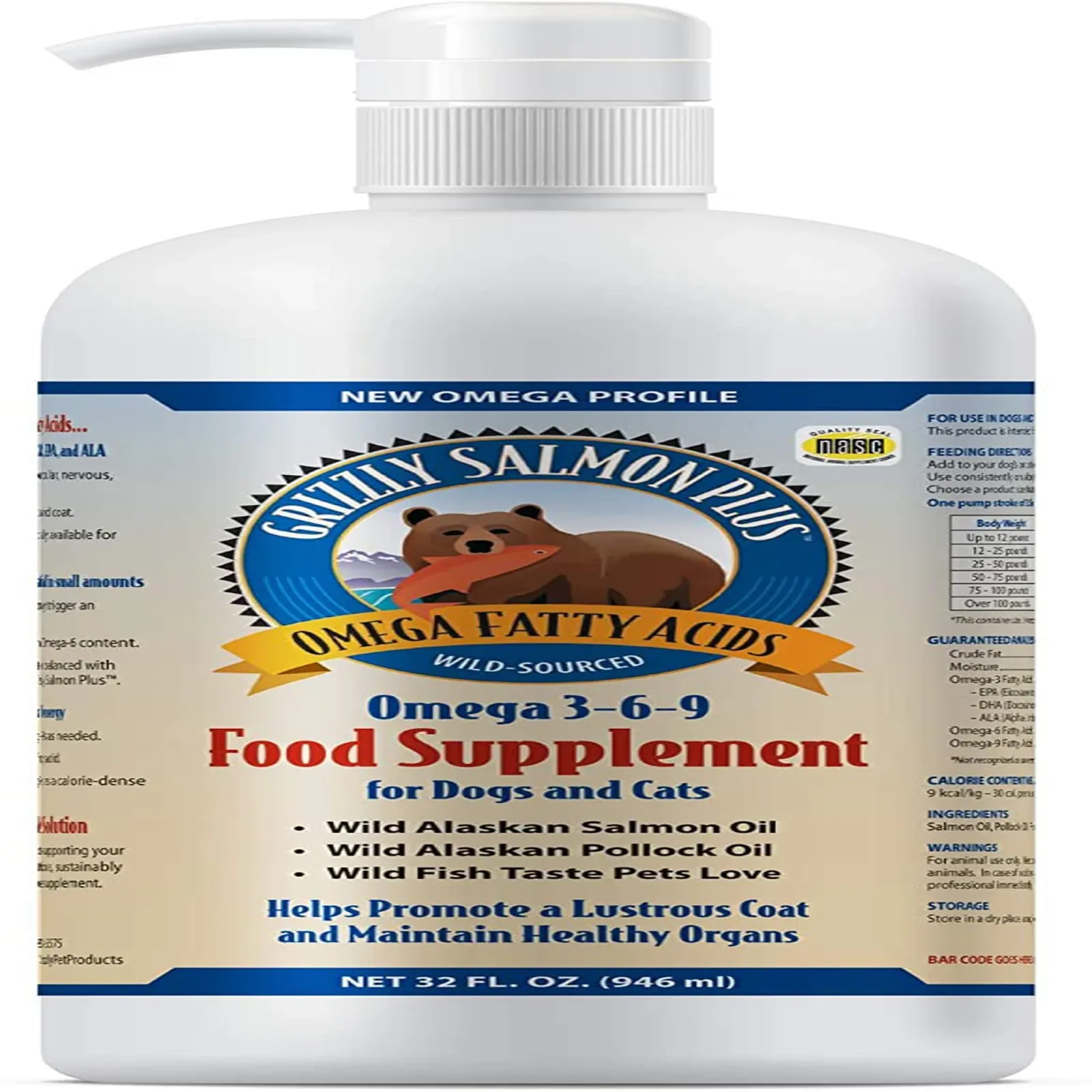 Grizzly Dog Cat Salmon Oil Plus, 32 oz